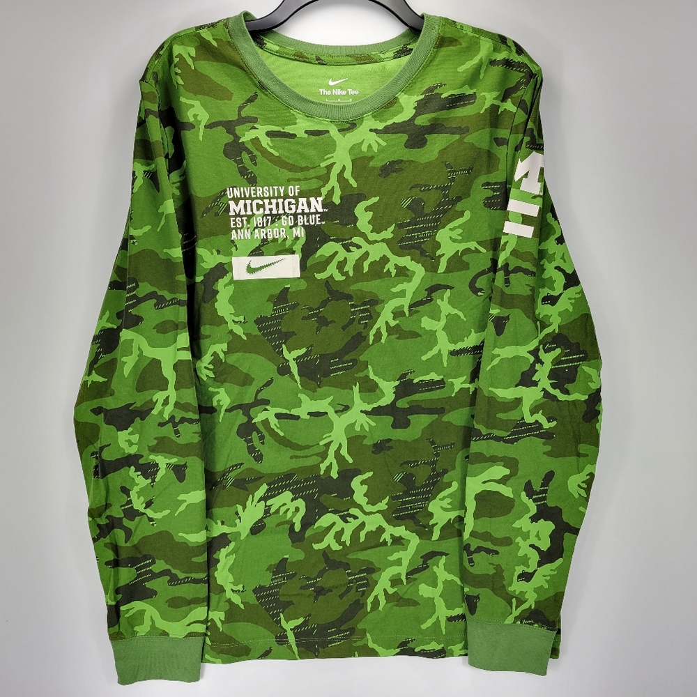 Nike University Of Michigan UMich Long Sleeve Camo Shirt Mens Large L Green